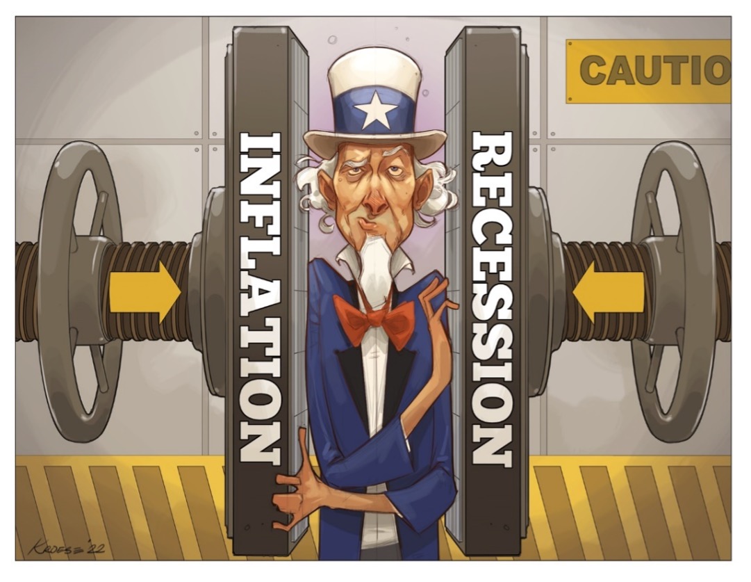 Uncle Sam being smushed on both sides by inflation and recession
