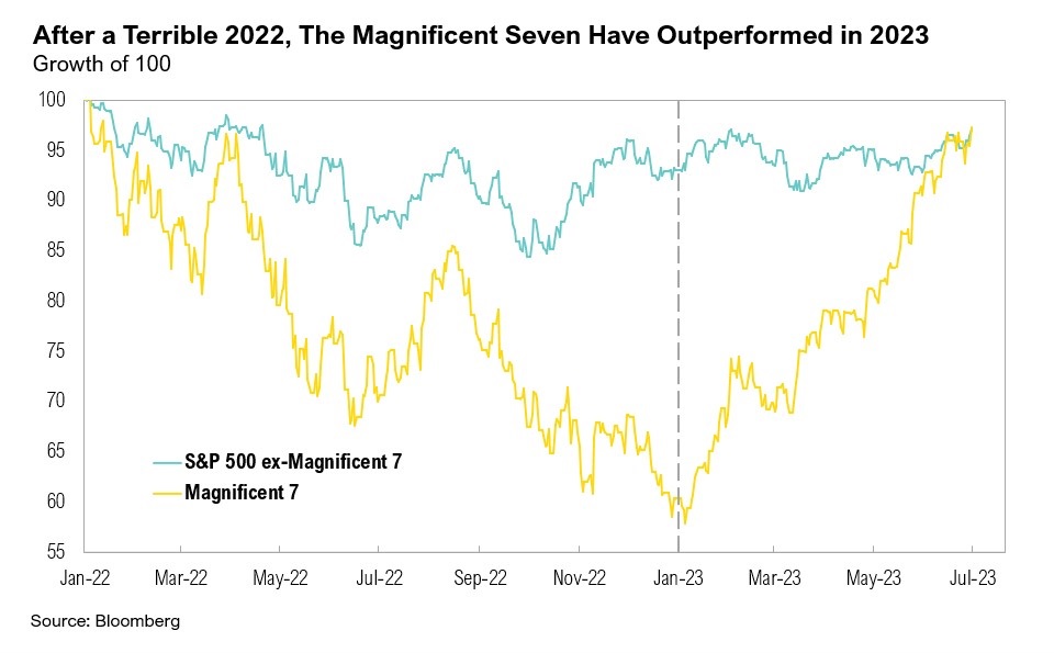 A graph showing the growth of  S&P magnificent seven and the magnificent seven from January 2022 to July 2023 