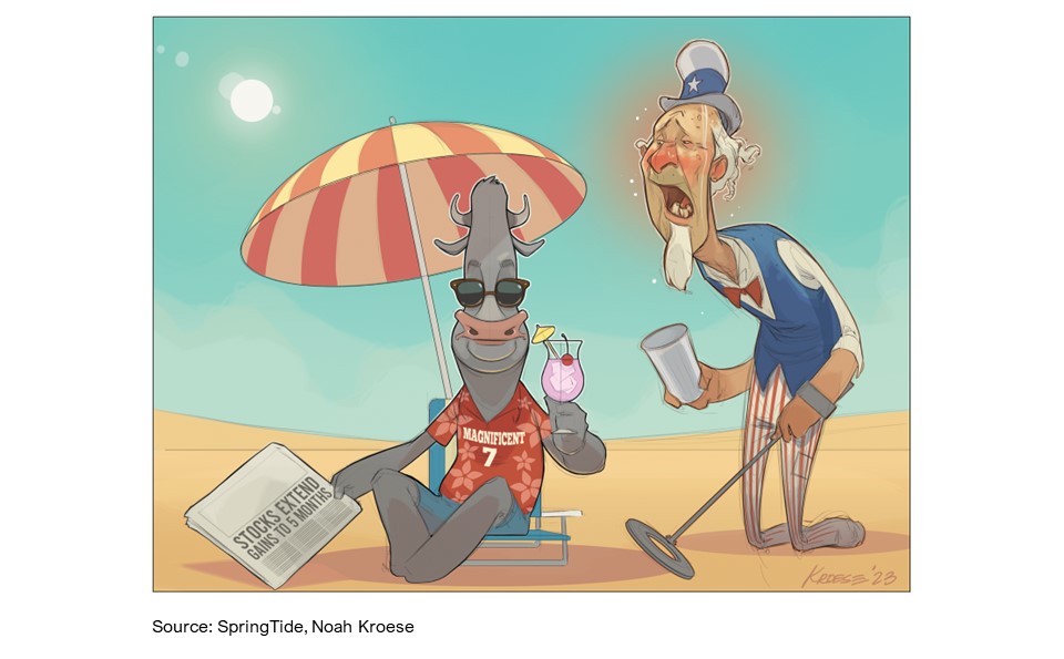 A cartoon depiction of Uncle Sam on the beach holding an empty glass and metal detector next to a bull with a tropical drink