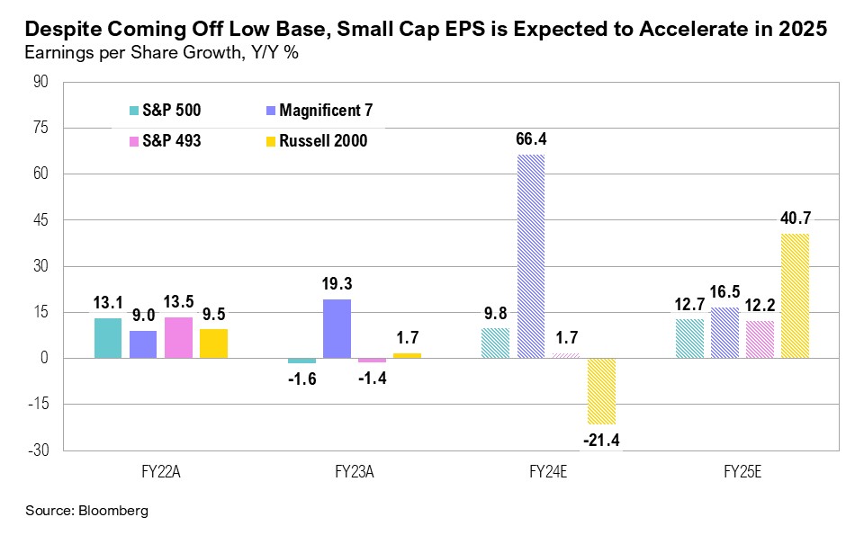 Graph titled, "Despite Coming Off Low Base, Small Cap EPS is Expected to Accelerate in 2025" 