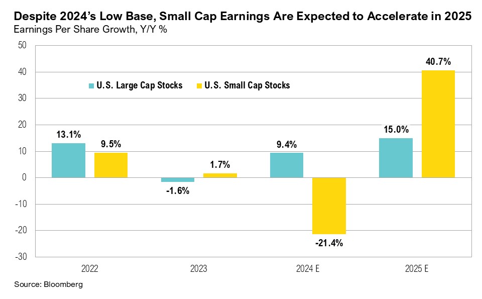 Bar graph titled, "Despite 2024's Low Base, Small Cap Earnings Are Expected to Accelerate in 2025"