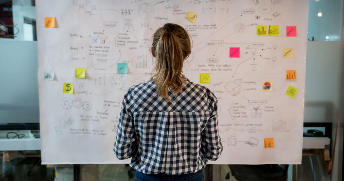 Woman with ponytail standing in front of white board with lots of notes and post-its 