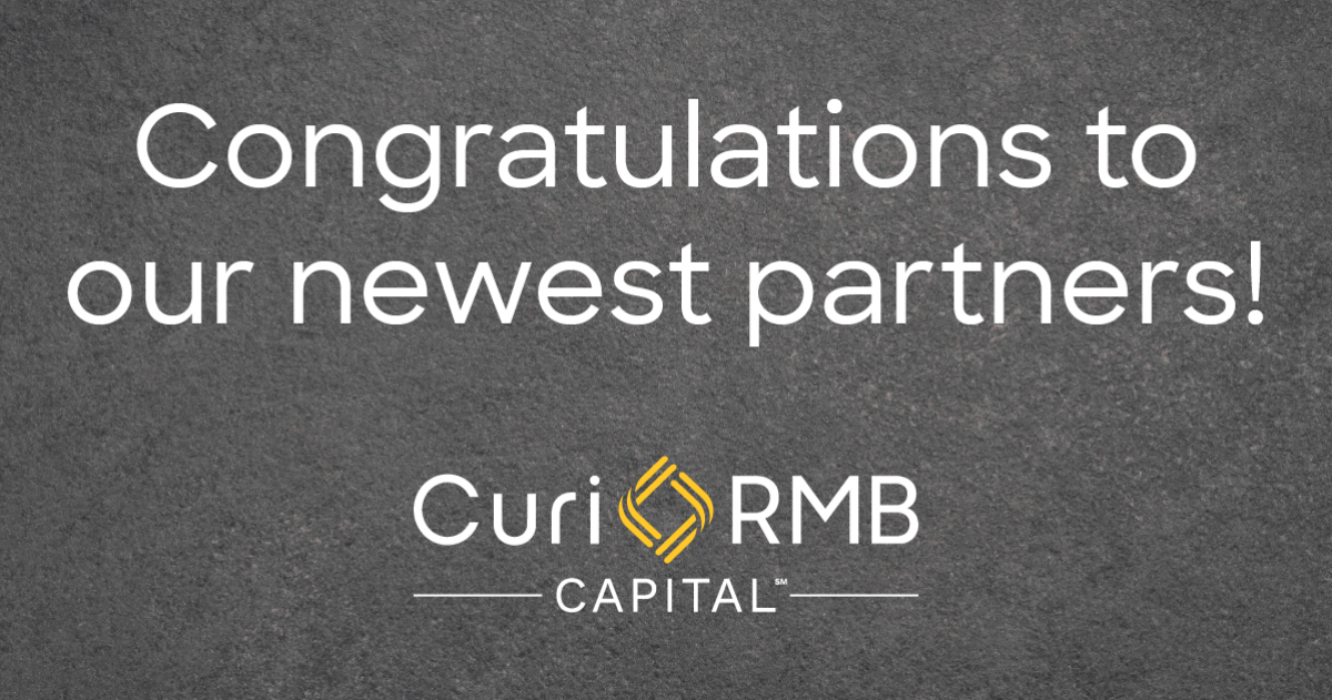 Grey backround with white text saying Congratulations to our newest partners Curi RMB Capital