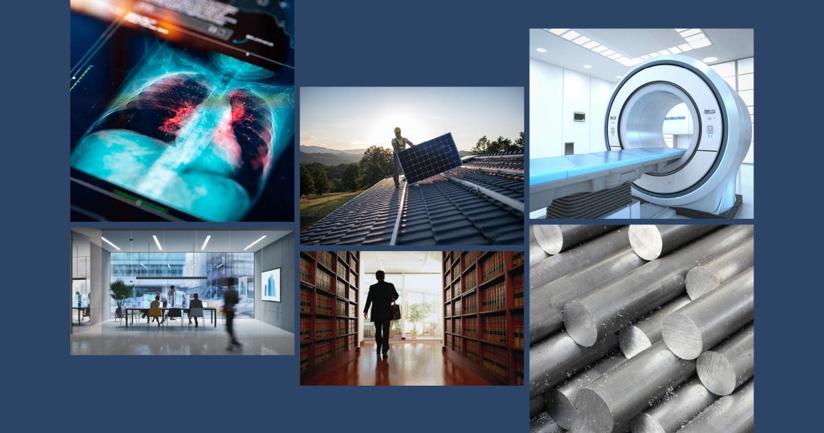Collage of photos featuring an x-ray of human lungs, solar panels, and MRI machine, business settings, and steel rods 