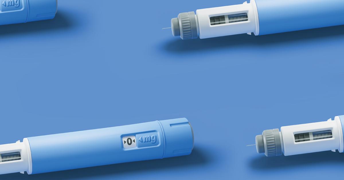 Close up of GLP 1 distributors on a blue background