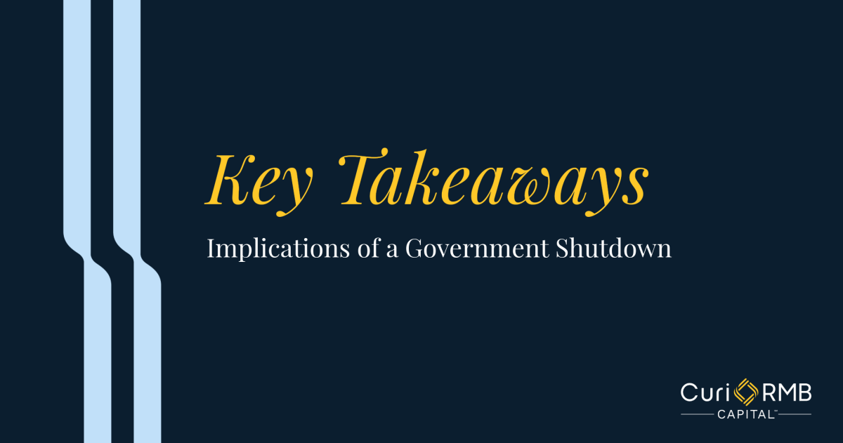 Blue background with the text Key Takeaways, Implications of a Government Shutdown